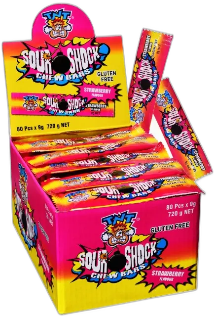 TNT Sour Shock Chew Bars Strawberry — TNT chews & bars pack shot