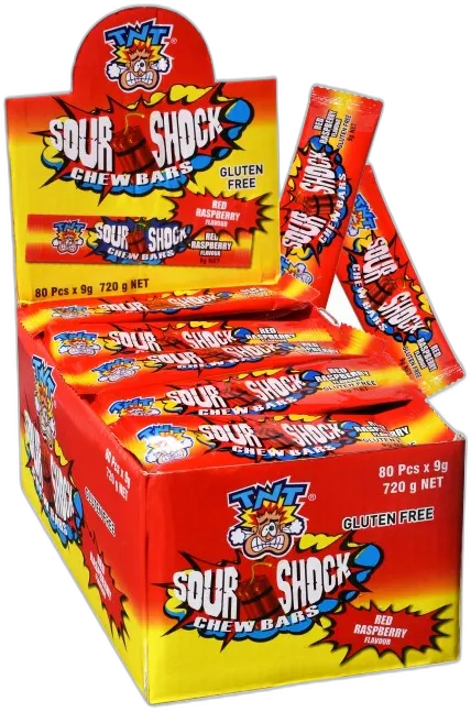 TNT Sour Shock Chew Bars Red Raspberry — TNT chews & bars pack shot