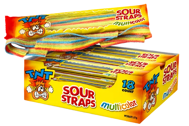 A box of TNT Sour Straps sour candy